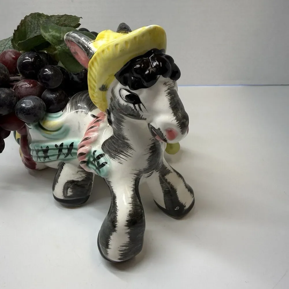 Vintage Ceramic Donkey Pulling Open Cart With Grapes Container Dish Figurine